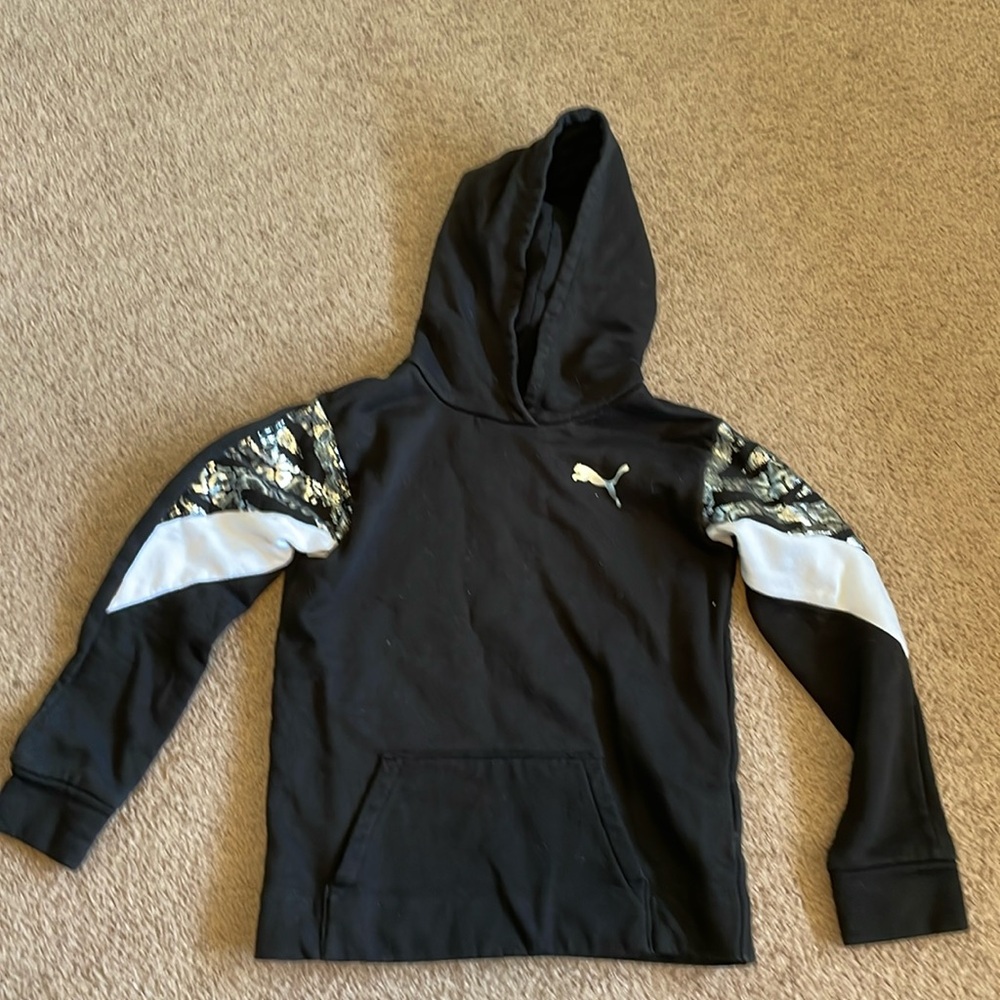 Puma hoodie black white and silver. Youth size M 8-10